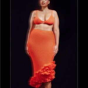 Hanifa Orange Crochet High-Low Ruffle Midi Skirt and Top set